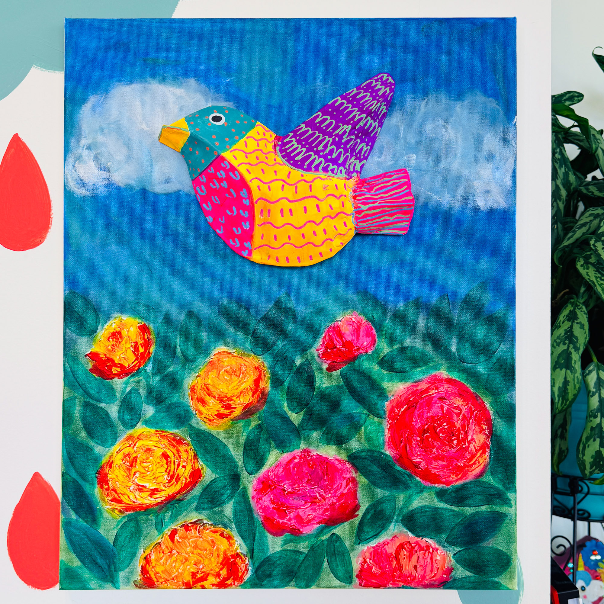 Mixed Media Flower Garden & Paper Mache Bird